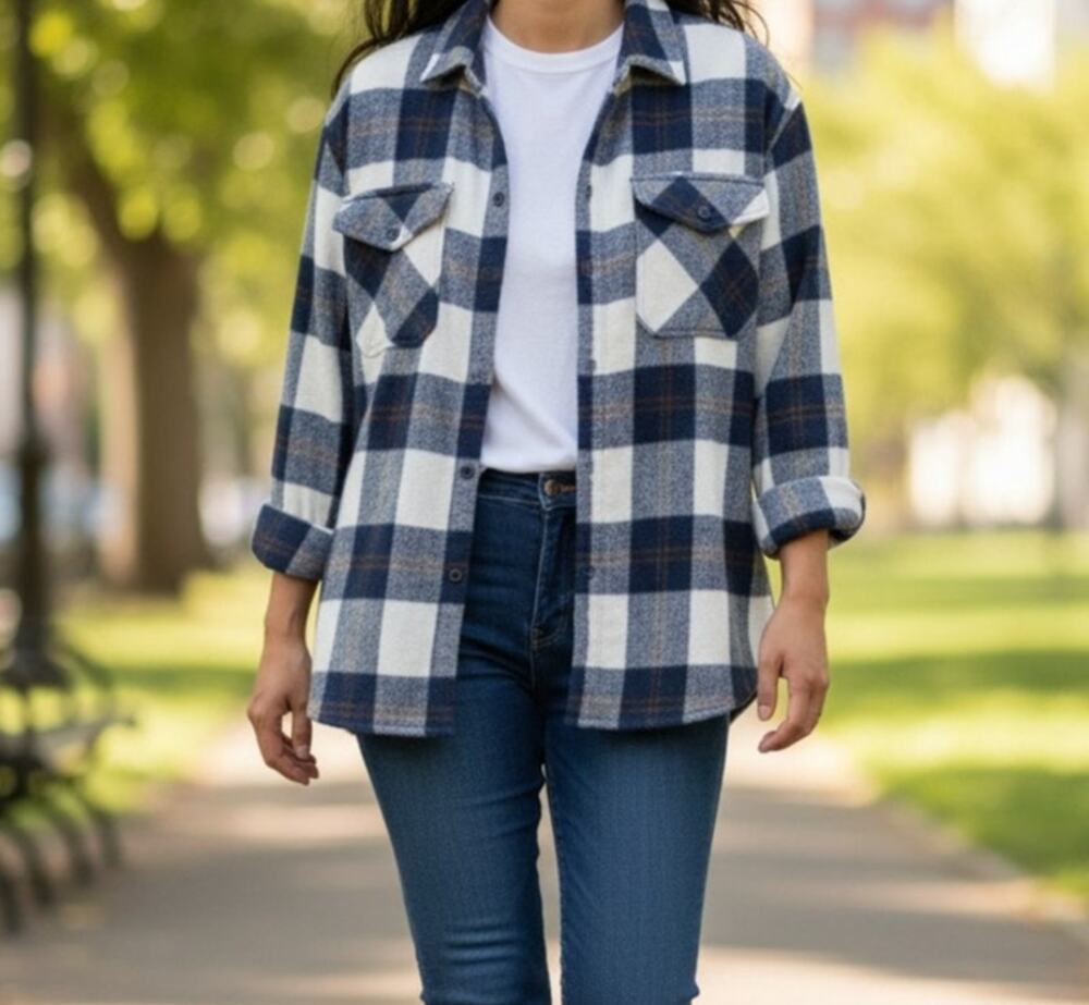 HFX Womens Blue Plaid Snap Front Shacket Shirt Jacket XL 4 Pockets